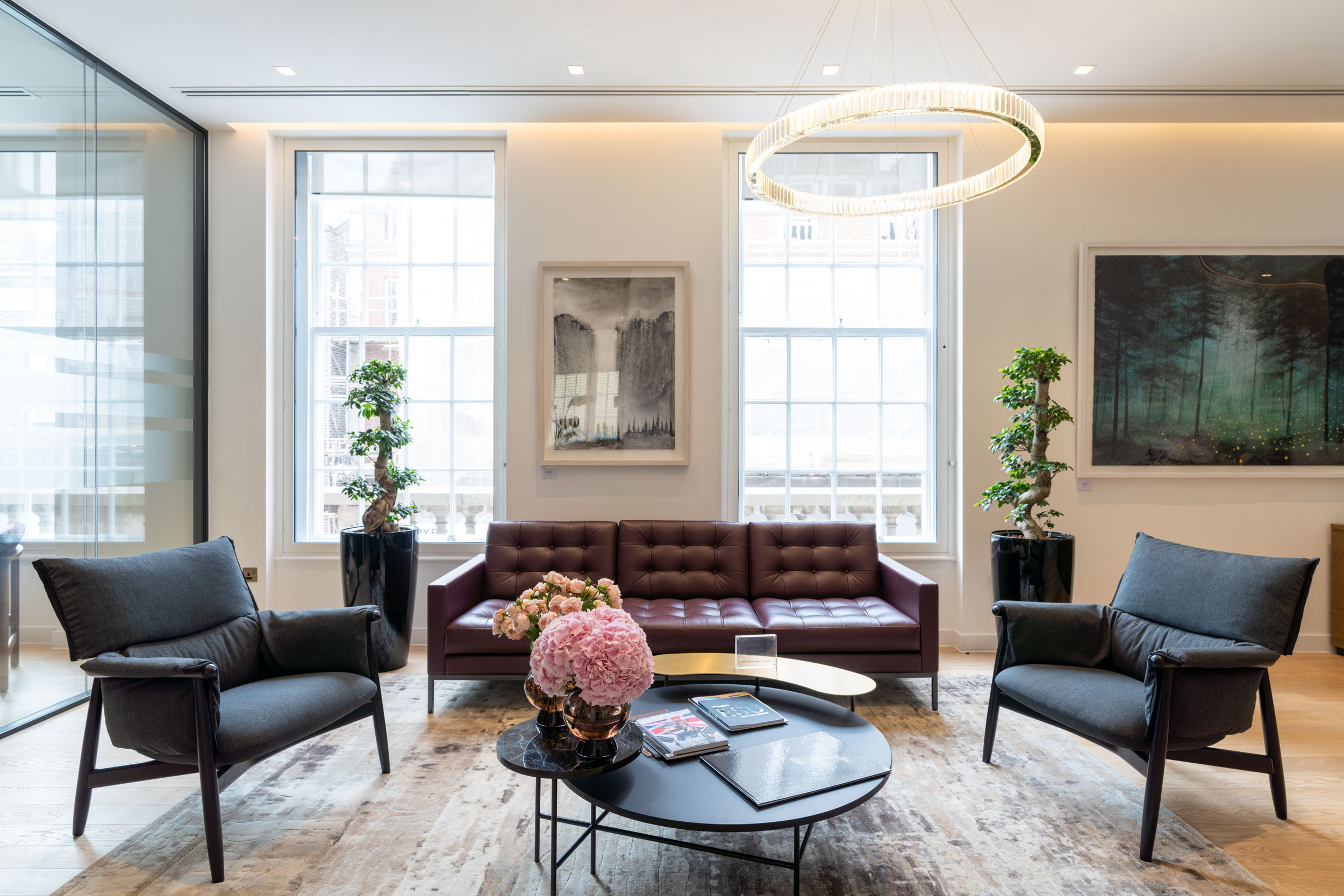 Elegant reception area in the Weatherbys office, featuring contemporary seating and a warm, welcoming atmosphere in the heart of London.